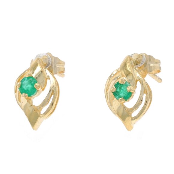 Yellow Gold Emerald Stud Earrings - 14k Round .22ctw Pierced - Picture 2 of 4